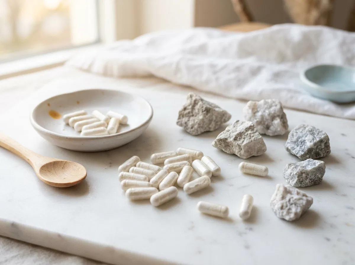 Magnesium zink selen för aktiva män - mineralkapslar och råstenar på vit marmor