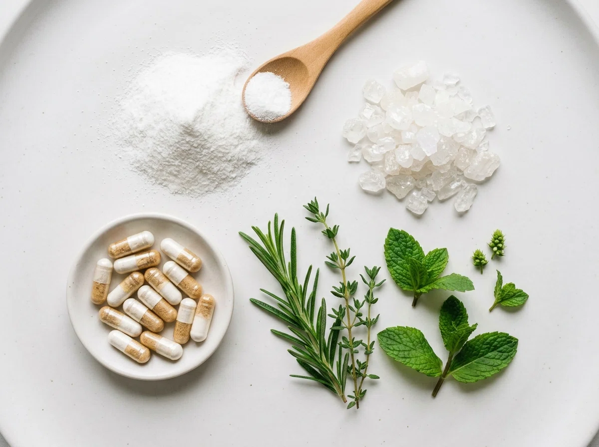 Naturliga ingredienser: L-karnitin, vitamin C, probiotika och växtörter på vit yta